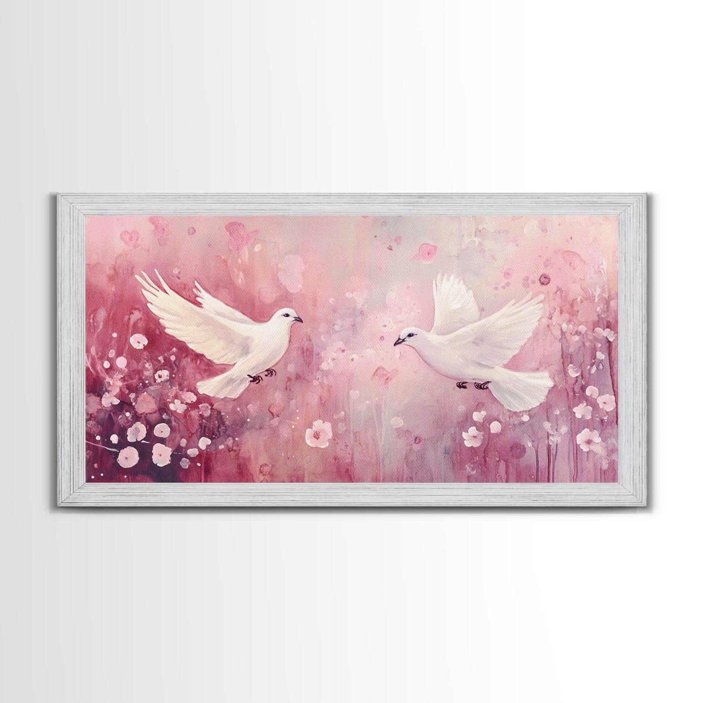 Romantic Doves Framed Canvas Print, Whimsical Pink and White Wall Art, Cherry Blossom Painting, Bedroom or Living Room Gift Idea