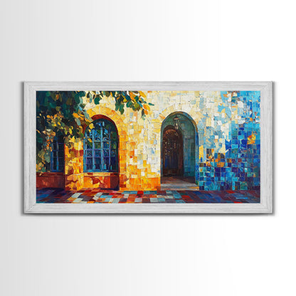 Sunlit Arched Window Framed Canvas Print - Rustic Moroccan Wall Art - Coastal Landscape Art - Farmhouse Decor Bedroom Art