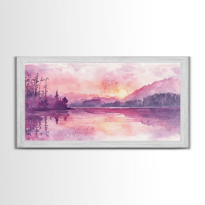 Sunset Landscape Art Framed Canvas Print Pink Orange Wall Art Living Room Art Panoramic Painting Above Couch Art Coastal Decor
