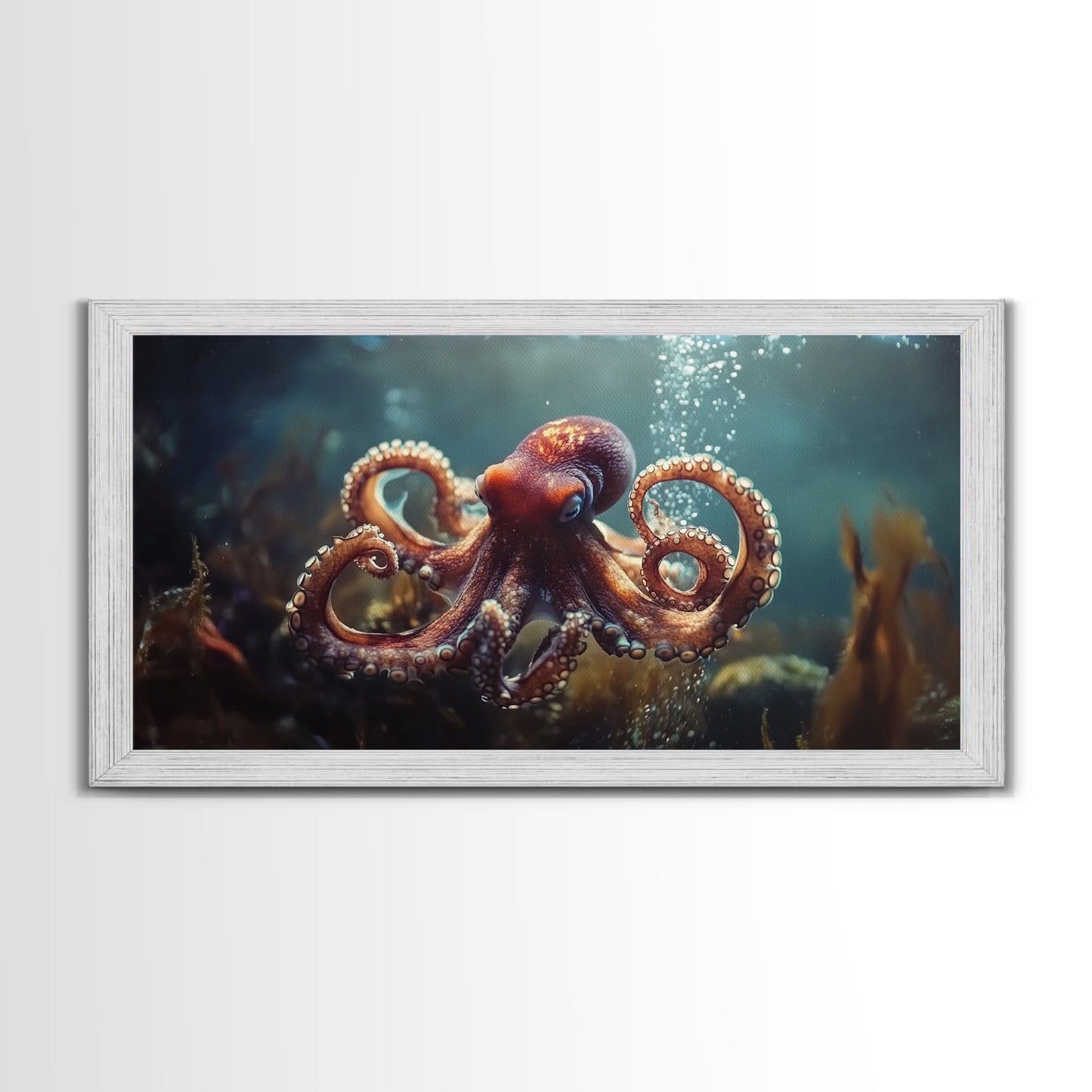 Vibrant Octopus Art Framed Canvas Print, Ocean Wildlife Wall Decor, Rustic Nautical Art, Marine Life Painting, Underwater Sea Art
