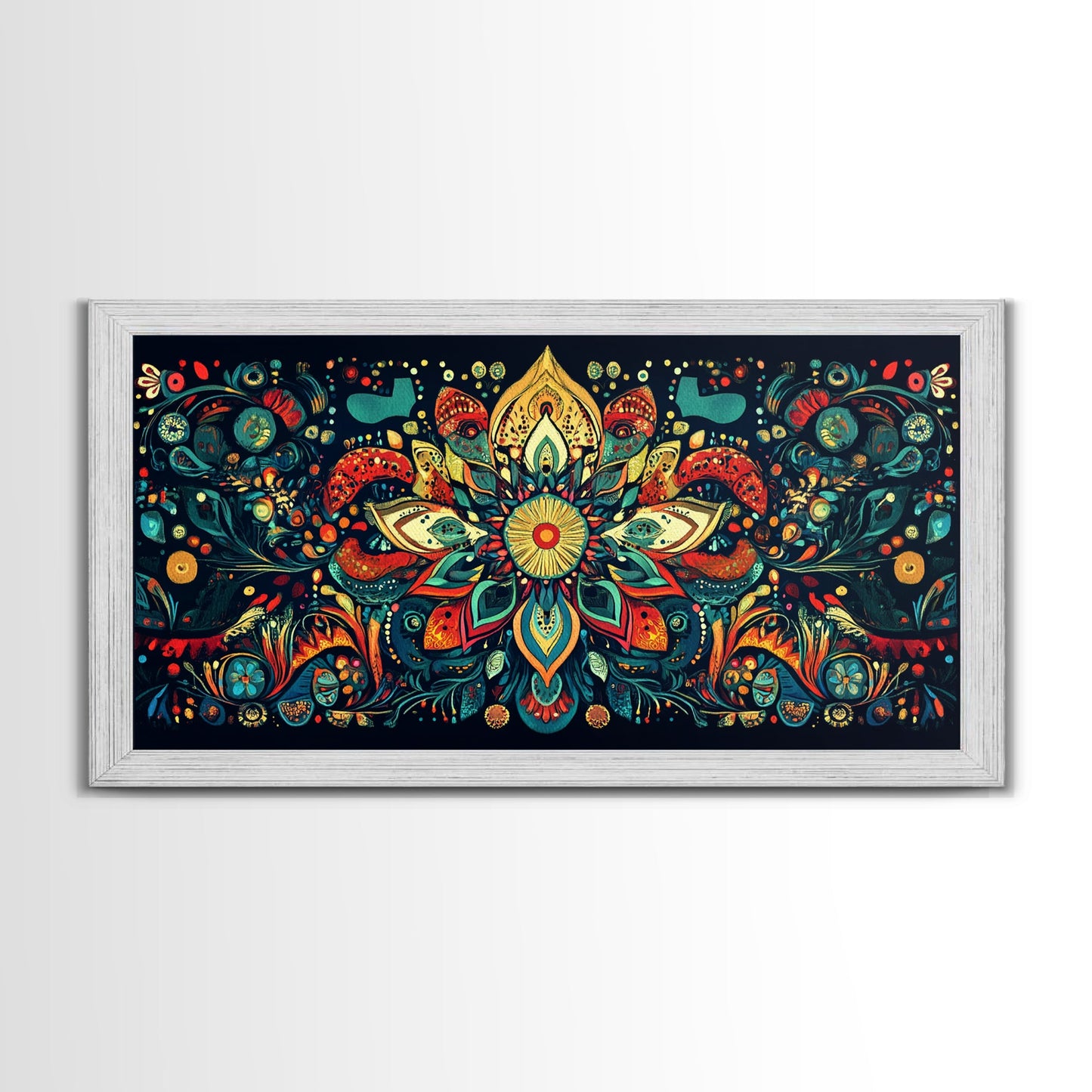 Elaborate Mandala Framed Canvas Print, Vibrant Boho Art, Spiritual Zen Wall Art, Geometric Ethereal Painting, Colorful Sacred Geometry