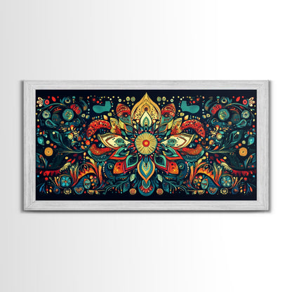 Elaborate Mandala Framed Canvas Print, Vibrant Boho Art, Spiritual Zen Wall Art, Geometric Ethereal Painting, Colorful Sacred Geometry