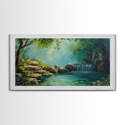 Ruhiges Wasserfall-Landschaftsbild, gerahmter Leinwanddruck, rustikale Wohnzimmerdekoration, friedliche Naturszene, Wandbild im Landhausstil