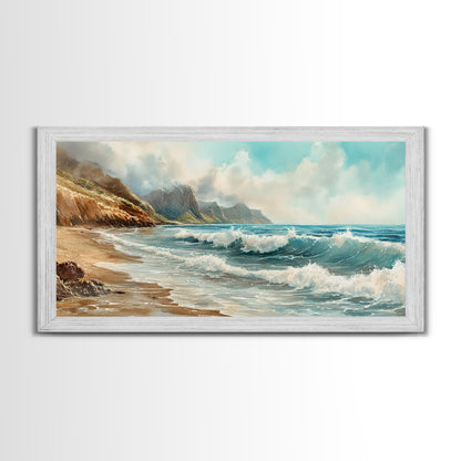 Coastal Landscape Canvas Print with Ocean Waves and Misty Cliffs, Nautical Wall Art Gift Idea, Coastal Decor Beach Painting