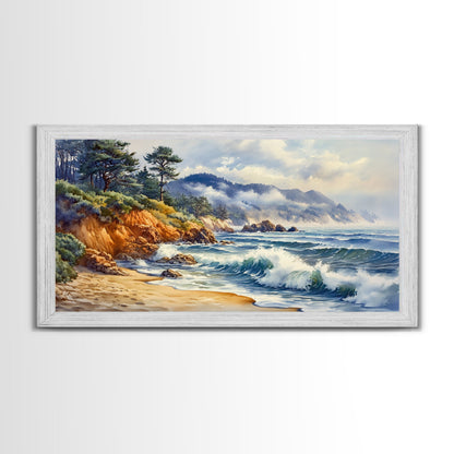 Framed Canvas Print of Scenic Coastal Cliffs and Ocean Waves, Nautical Landscape Art Gift, Rustic Coastal Home Decor