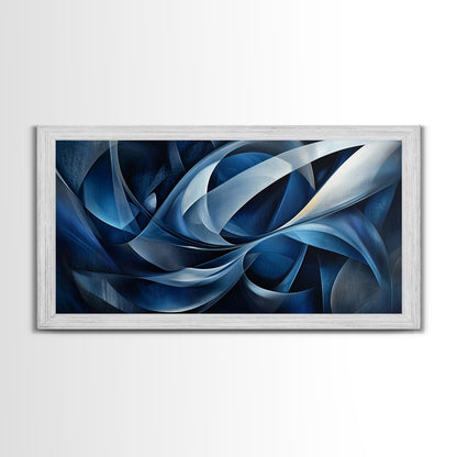 Abstract Blue Swirls Canvas Print, Geometric Wall Art Horizontal Decor, Moody Modern Artwork Gift Idea Living Room Panoramic Art