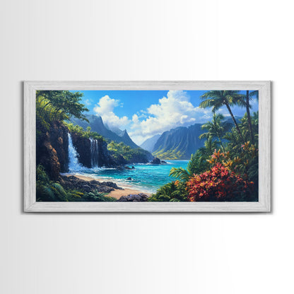 Waterfall Paradise Canvas Print Hawaii Art Coastal Wall Art Above Sofa Decor Rustic Landscape Painting Living Room Art Gift Idea