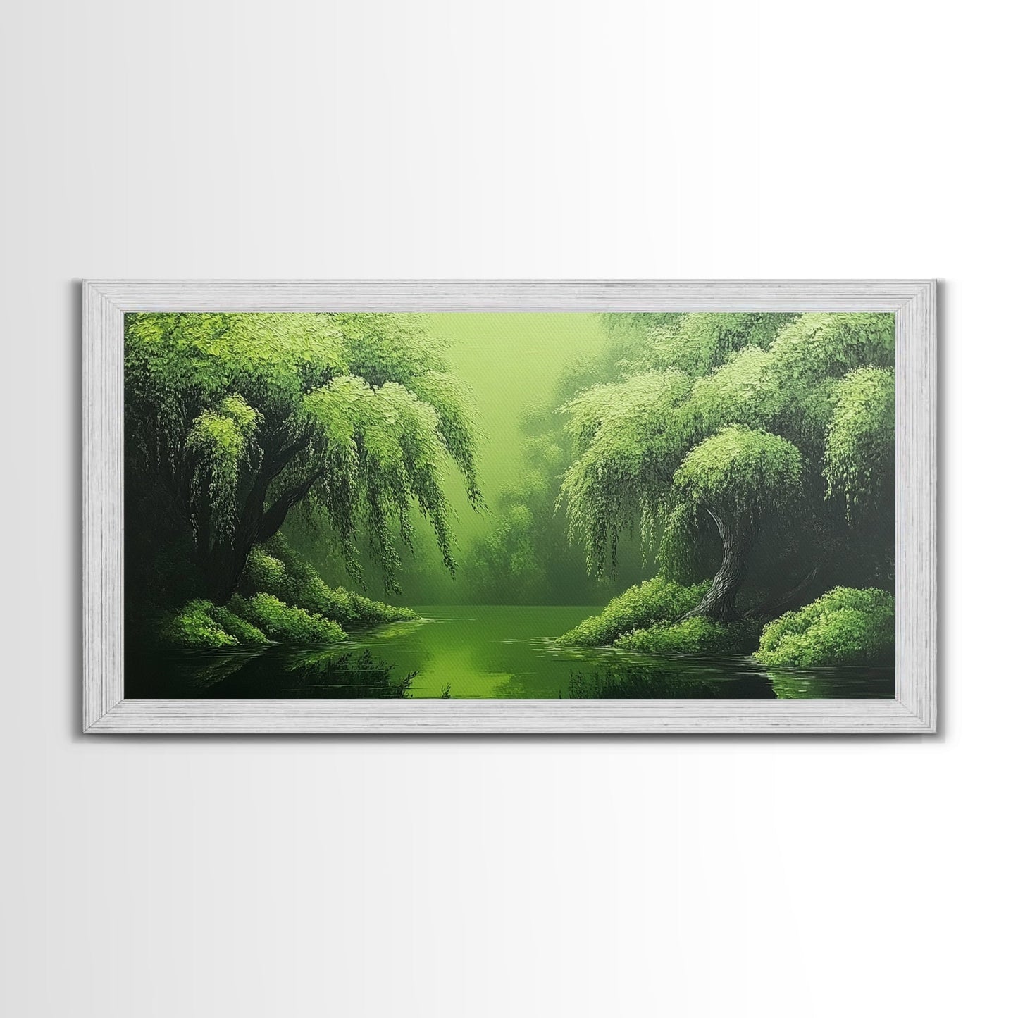 Willow Grove Framed Canvas Print, Tranquil Forest Landscape Wall Art, Sage Green Rustic Home Decor, Above Bed Nature Canvas Art