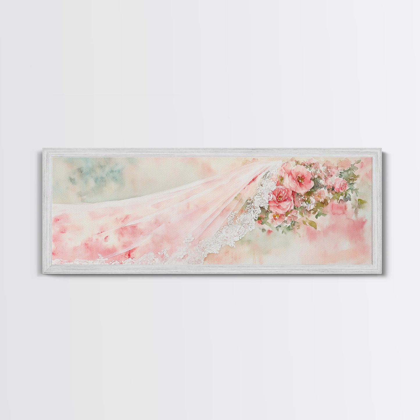 Romantic Rose Painting Canvas Print Featuring Bridal Lace, Botanical Prints Ideal Bedroom Art or Wedding Gift Idea
