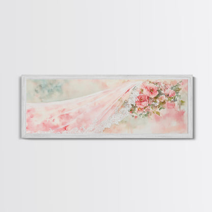 Romantic Rose Painting Canvas Print Featuring Bridal Lace, Botanical Prints Ideal Bedroom Art or Wedding Gift Idea