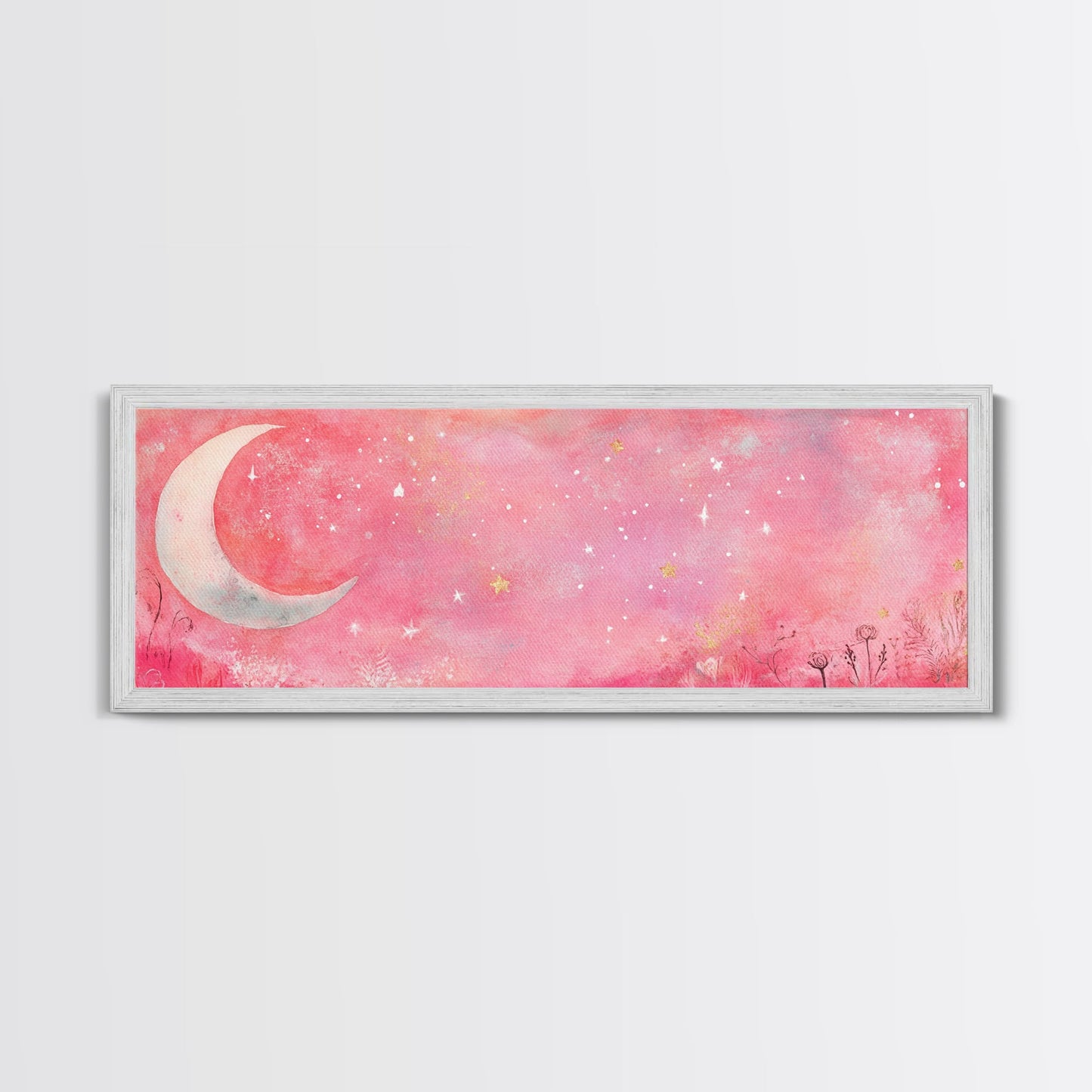 Crescent Moon Painting Canvas Print with Whimsical Starry Sky, Pink Wall Art for Living Room or Guest Room, Dreamy Decor