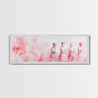 Four Women Canvas Print in Pink Abstract Art Style, Feminine Whimsical Aesthetic, Minimalist Living Room or Guest Room Horizontal Art