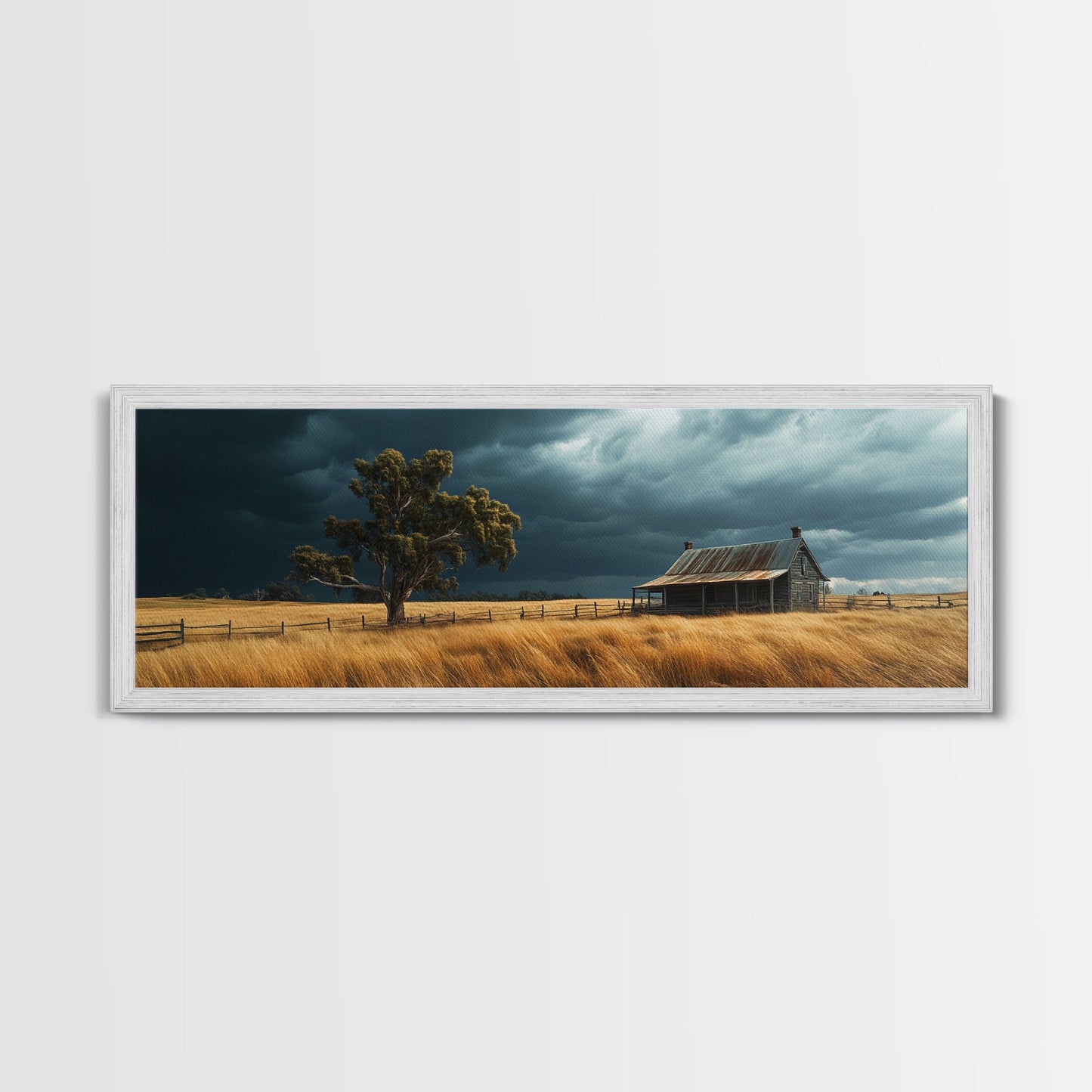 Stormy Farmhouse Canvas Print Rustic Landscape Painting Smoky Mountain Art Horizontal Panoramic Wall Living Room Autumn Decor