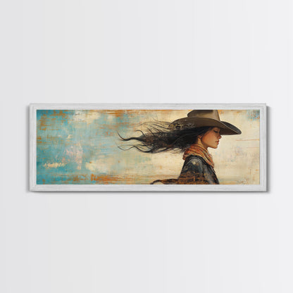 Cowgirl Canvas Print Southwest Wall Art Minimalist Boho Art Afrocentric Painting Extra Wide Horizontal Artwork Decor