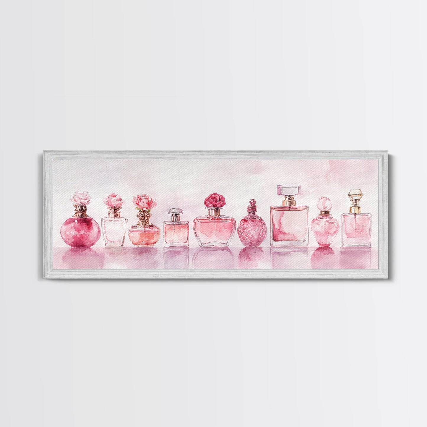 Framed Canvas Print Perfume Bottle Art Pink Abstract Art Feminine Decor Gift Idea Minimalist Living Room Wall Art Horizontal Painting