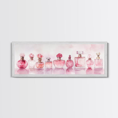 Framed Canvas Print Perfume Bottle Art Pink Abstract Art Feminine Decor Gift Idea Minimalist Living Room Wall Art Horizontal Painting