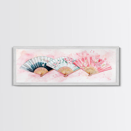 Floral Hand Fan Art Framed Canvas Print Chinoiserie Pink Wall Art Botanical Prints Horizontal Bedroom Living Room Décor Gift Idea