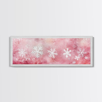Framed Canvas Print of Snowflakes on Pink Background Featuring Cozy Winter Wall Art or Light Holiday Bedroom Seasonal Decor