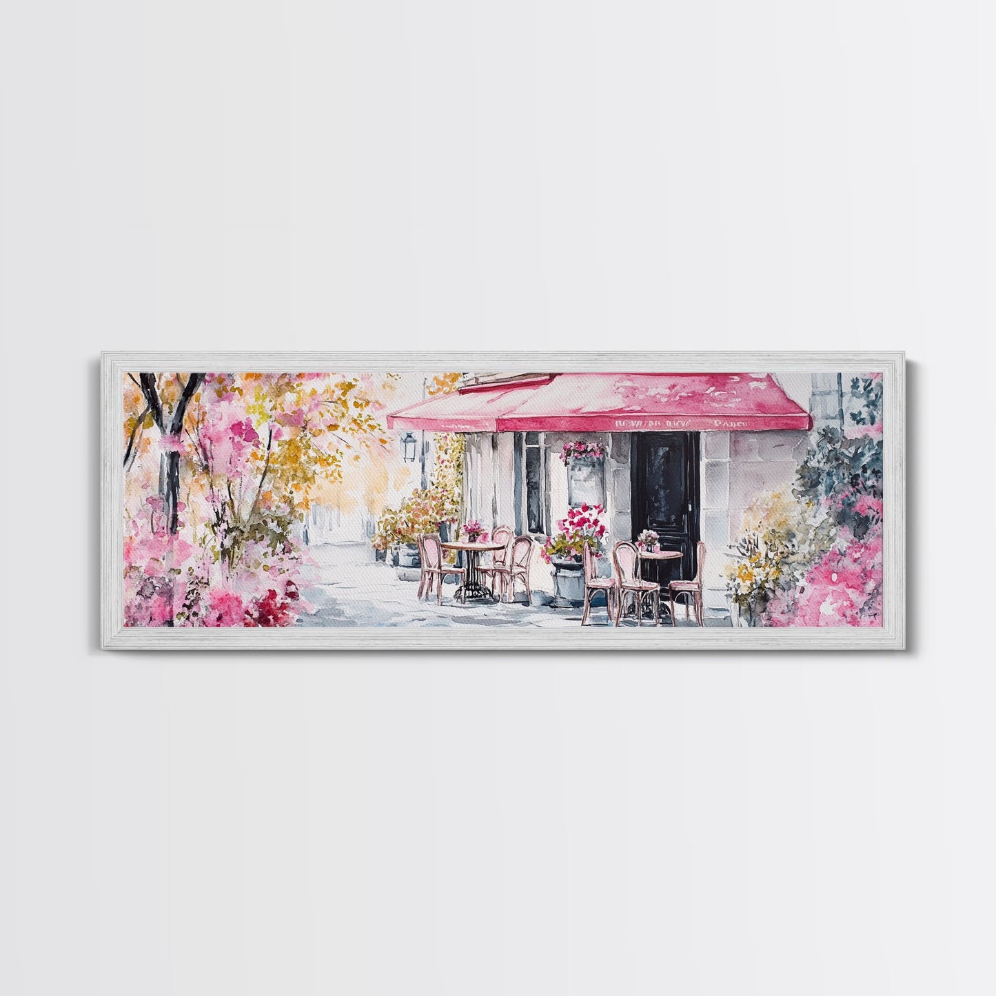 Parisian Cafe Cherry Blossom Painting Framed Canvas Print Extra Wide Art Horizontal Wall Art Rustic Above Sofa Decor