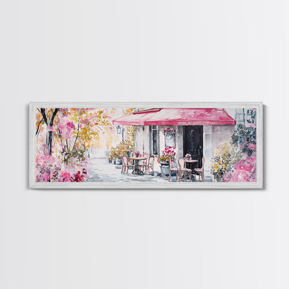 Parisian Cafe Cherry Blossom Painting Framed Canvas Print Extra Wide Art Horizontal Wall Art Rustic Above Sofa Decor