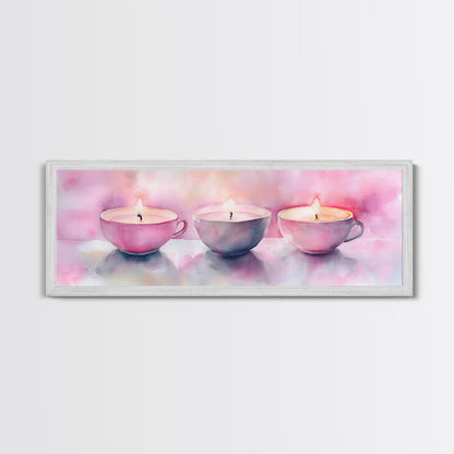 Candlelight Framed Canvas Print, Cozy Pastel Teacup Candles Art, Light Pink Wall Decor, Bedroom or Dining Room Whimsical Artwork