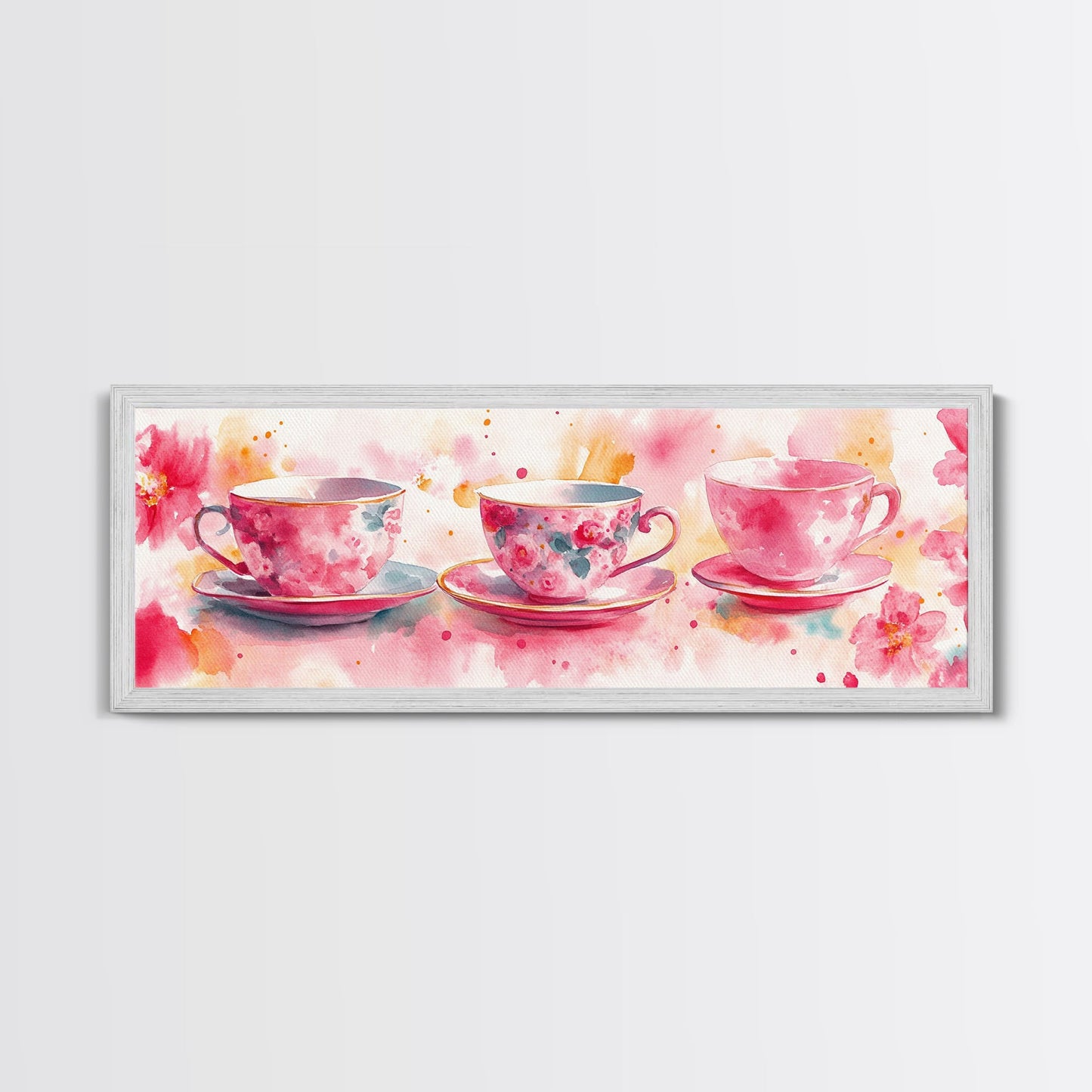 Pink Teacup Canvas Print Feminine Whimsical Kitchen Art Horizontal Pink Artwork Vintage Rustic Wall Art Living Room Framed Art