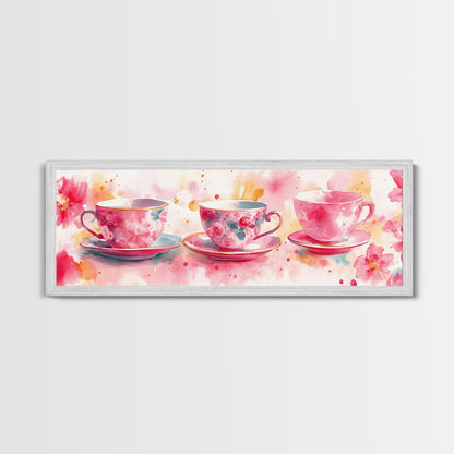 Pink Teacup Canvas Print Feminine Whimsical Kitchen Art Horizontal Pink Artwork Vintage Rustic Wall Art Living Room Framed Art