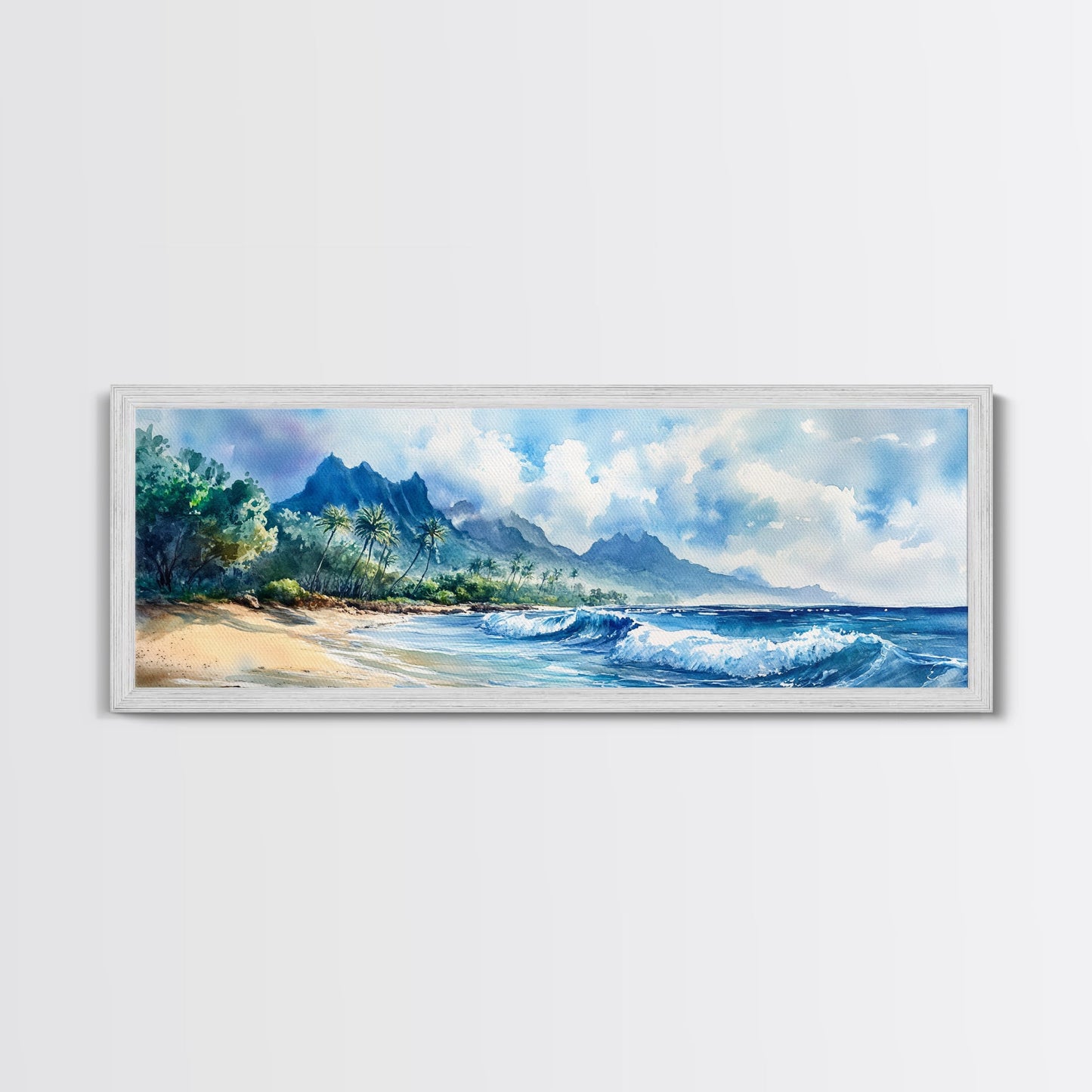 Moody Coastal Seascape Framed Canvas Print - Hawaii Ocean Landscape Painting, Nautical Wall Art, Extra Wide Beach Bedroom Art Decor