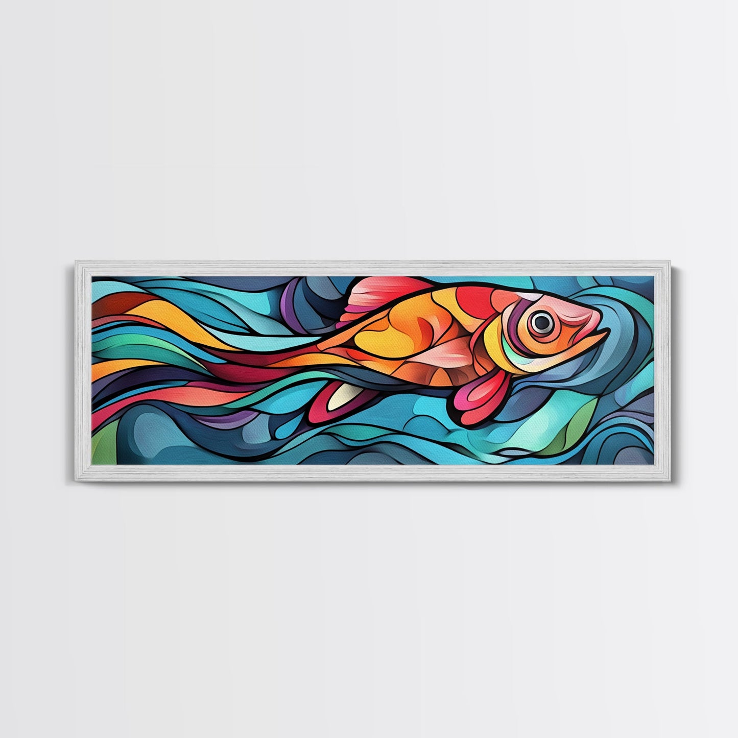 Abstract Goldfish Flow Framed Canvas Print, Whimsical Wall Art, Colorful Art, Teal Painting, Gift Idea, Skinny Wall Art, Bedroom Decor