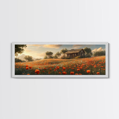 Sunlit Poppy Meadow Framed Canvas Print – Rustic Decor, California Poppy Art, Landscape Painting, Extra Wide Art, Guest Room Art