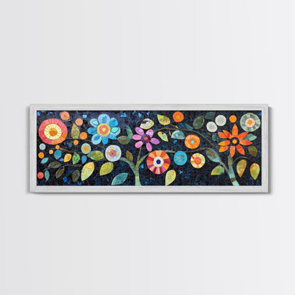 Mosaic Wall Art Wildflower Painting Framed Canvas Print, Botanical Print Horizontal Artwork, Whimsical Art Piece Above Sofa Decor