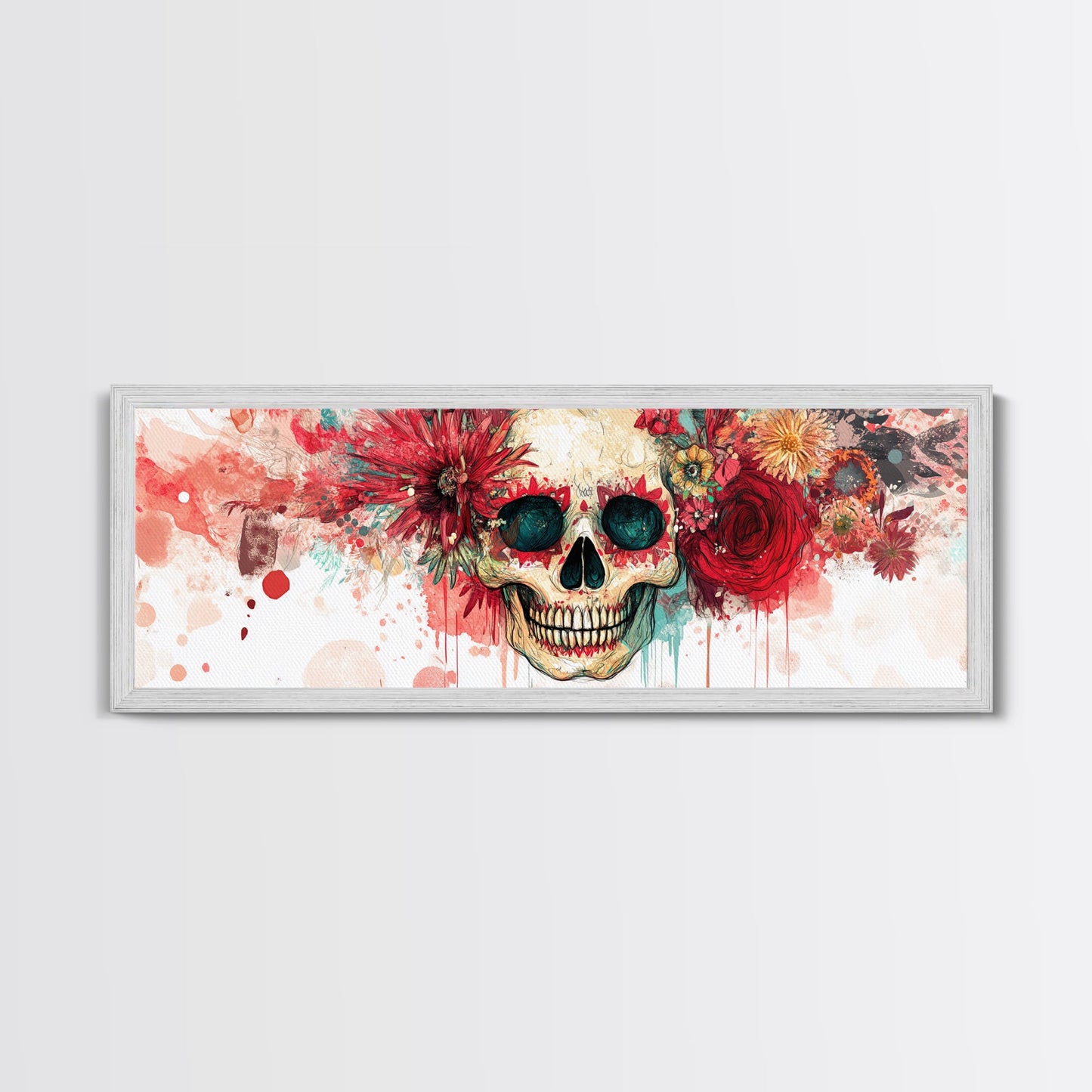 Vibrant Skull Art Framed Canvas Print, Dark Angels Wall Art with Floral Design, Skull and Rose Painting, Gothic Floral Home Decor, Boho Wall Art