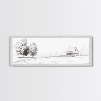 Rustic Farmhouse Framed Canvas Print, Black and White Landscape Art, Above Sofa Wall Art Minimalist Living Room Country Decor