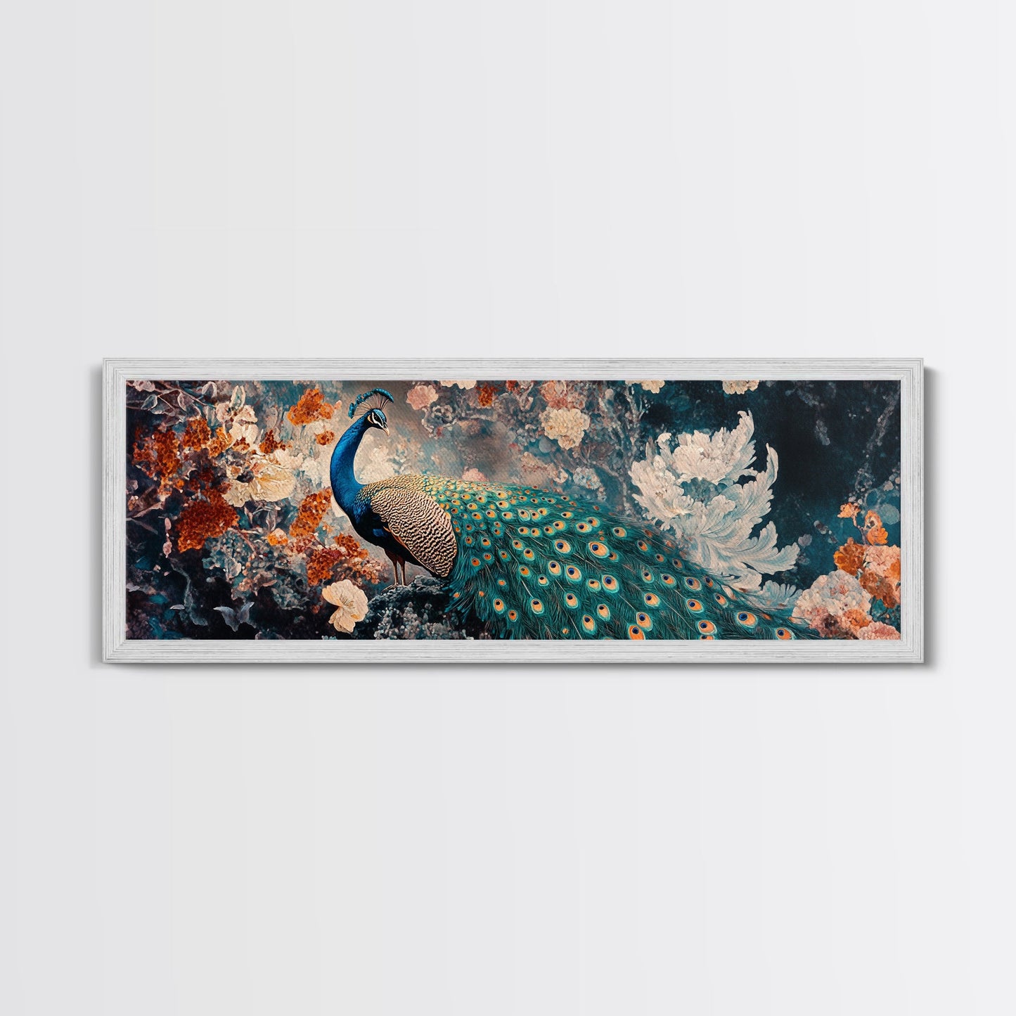 Vibrant Peacock Framed Canvas Print Mosaic Wall Art Boho Style Rustic Decor Above Sofa Art Living Room Statement Piece