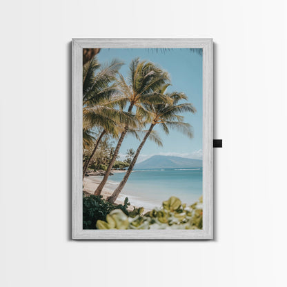 Serene Beach Horizon Framed Canvas Print – Coastal Nautical Wall Art, Hawaiian Landscape, Tropical Seascape Painting Coastal Decor