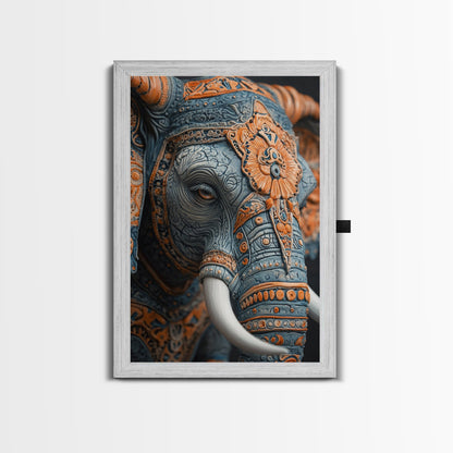 Detailed Elephant Face Framed Canvas Print – Kerala Mural Art, Sacred Geometry Decor, Ganesh Wall Art Rustic Boho Inspired Room Decor