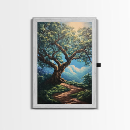 Majestic Oak Tree Framed Canvas Print – Oak Tree Art, Rustic Landscape Painting, Above Sofa Wall Art, Wabi Sabi Living Room Decor