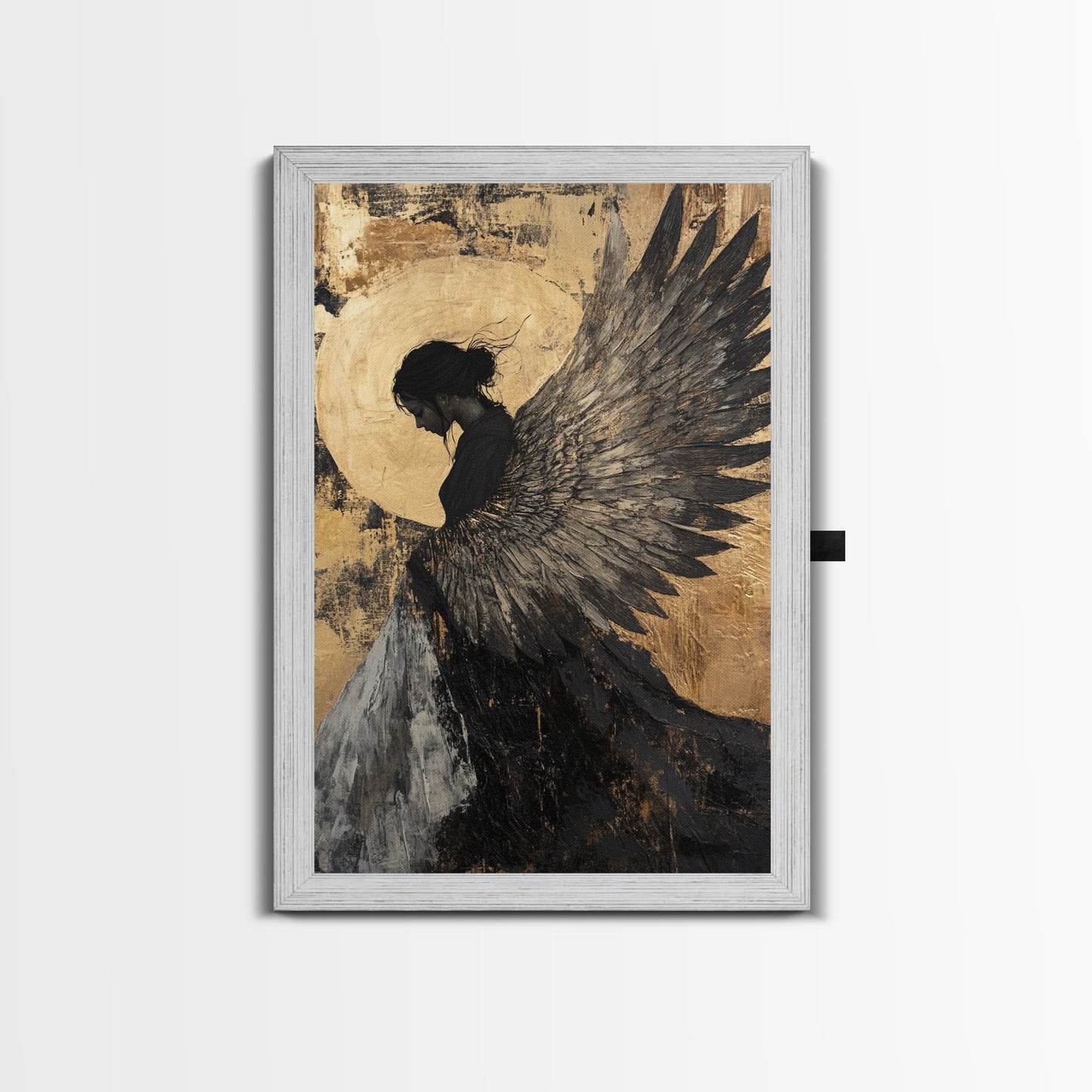 Golden Angel Wings Framed Canvas Print Dark Angel Wall Art Moody Gothic Artwork Gold Abstract Print Rustic Wall Decor Gift Idea