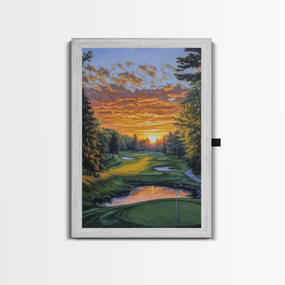 Scenic Golf Sunset Framed Canvas Print, Landscape Painting, Bedroom Wall Art, Rustic Decor, Horizontal Living Room Art