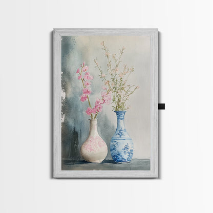 Delicate Vases Framed Canvas Print Wildflower Painting Botanical Prints Minimalist Art Light Pink Wall Art Rustic Decor Gift Idea