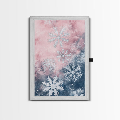 Snowflake Winter Light Pink Wall Art Framed Canvas Print | Wabi Sabi Minimalist Christmas Art | Cozy Holiday Living Room Decor