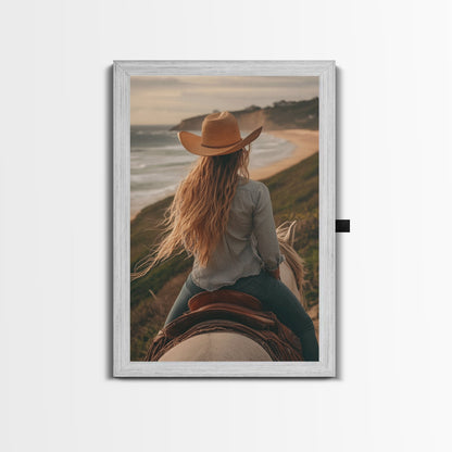 Coastal Cowgirl Riding Canvas Print Horse and Ocean Landscape Art Rustic Decor Western Inspired Framed Art Bedroom Living Room Gift