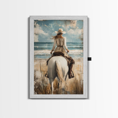 Rustic Horseback Beach Scene Canvas Print Coastal Cowgirl Wall Art Rustic Decor Western Art Nautical Decor Bedroom Living Room Accent