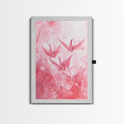 Origami Cranes Canvas Print Japanese Inspired Light Pink Wall Art Whimsical Minimalist Rustic Aesthetic Unique Gift Idea Art