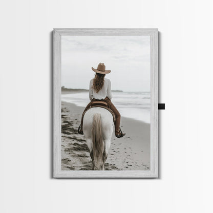 Serene Beach Ride Canvas Print Horse and Ocean Wall Art Coastal Cowgirl Rustic Decor Framed Canvas Home Living Room Artwork Gift