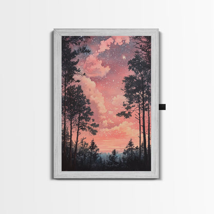 Starry forest scene painting on framed canvas print, forest at dusk painting, smoky mountain art, wabi sabi art, above couch decor