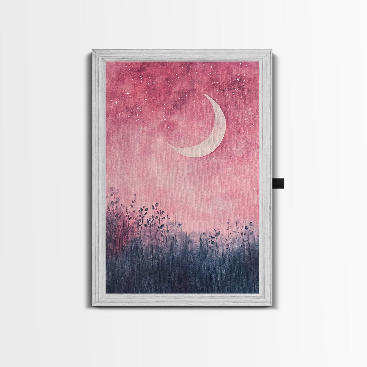 Crescent moon painting on framed canvas print, moody art, pink abstract art, cherry blossom painting, vertical wall art decor