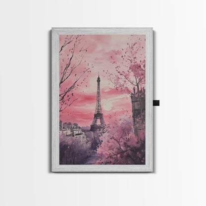 Paris Eiffel Tower Canvas Print Cherry Blossom Painting Romantic Cityscape Art Bedroom Wall Art Boho Dorm Rustic Decor Gift