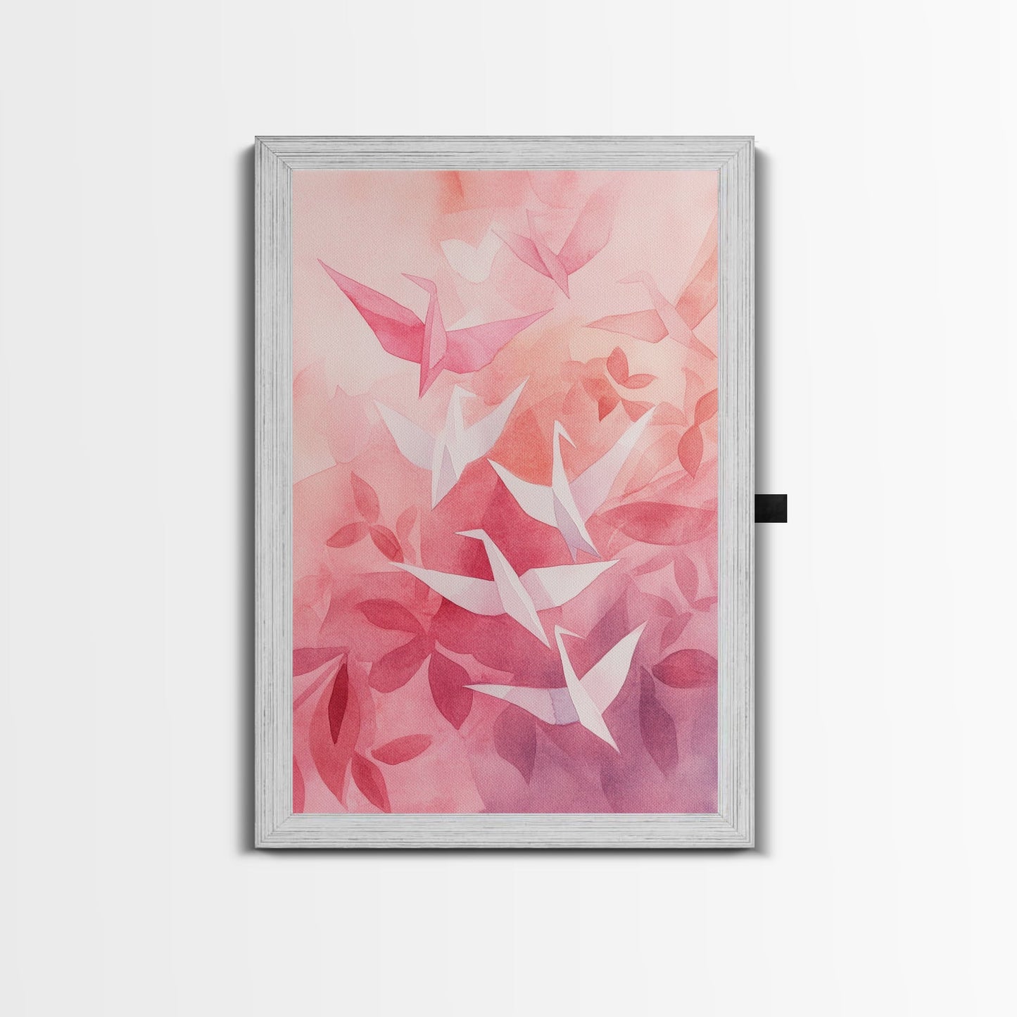 Origami Crane Painting Framed Canvas Print Whimsical Wall Art Light Pink Room Decor Minimalist Art Cherry Blossom Inspired Gift Idea