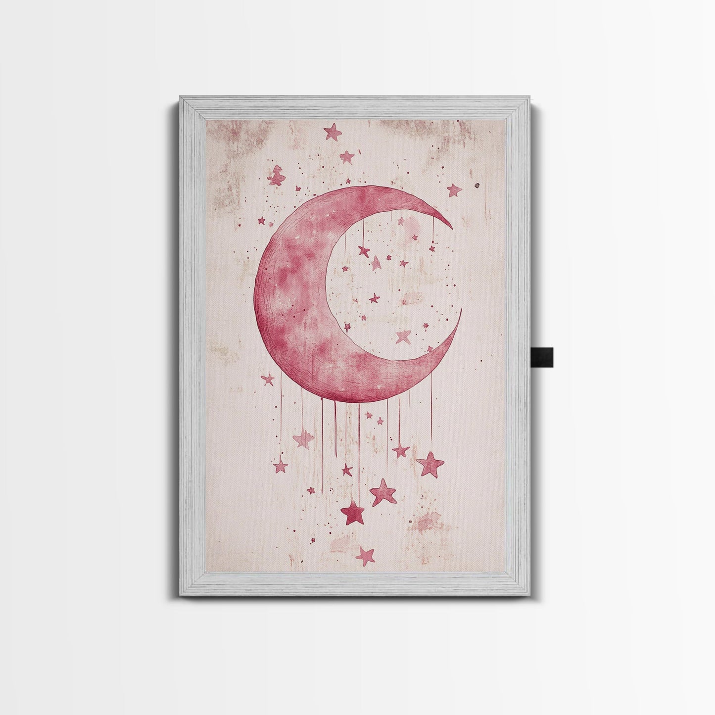 Crescent Moon and Stars Framed Canvas Print Mystical Boho Art Zen Wall Art Light Pink Wall Art Bedroom Art Dreamy Night Sky Decor